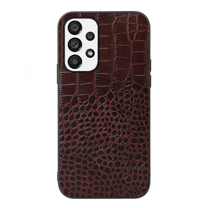 Brown crocodile-pattern cowhide leather phone case with camera cutout and textured front