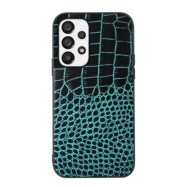 Cyan croc-embossed leather phone case with camera cutouts and protective border