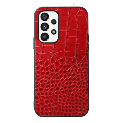 Red crocodile-texture leather phone case with camera cutouts and raised side edges