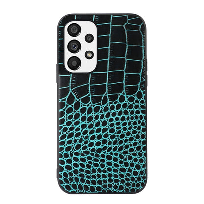 Slim cowhide leather phone case with teal croc texture, raised edges and camera openings