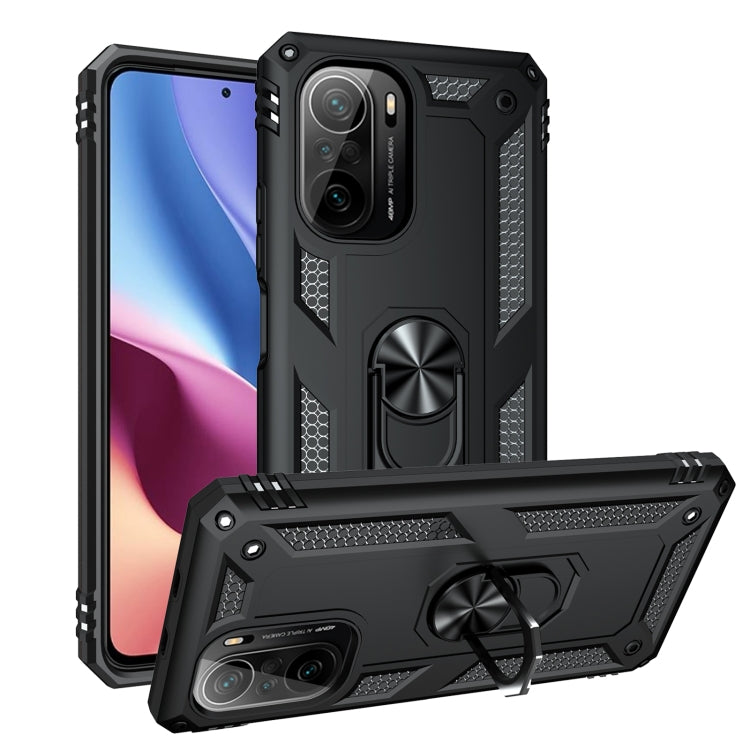 Black shockproof phone case with textured grip and 360° rotating ring stand