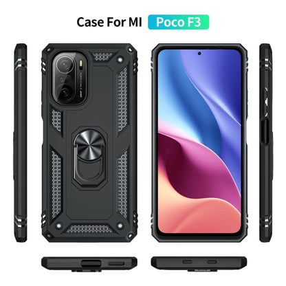 Black shockproof phone case with 360° rotating ring holder, rear and side views