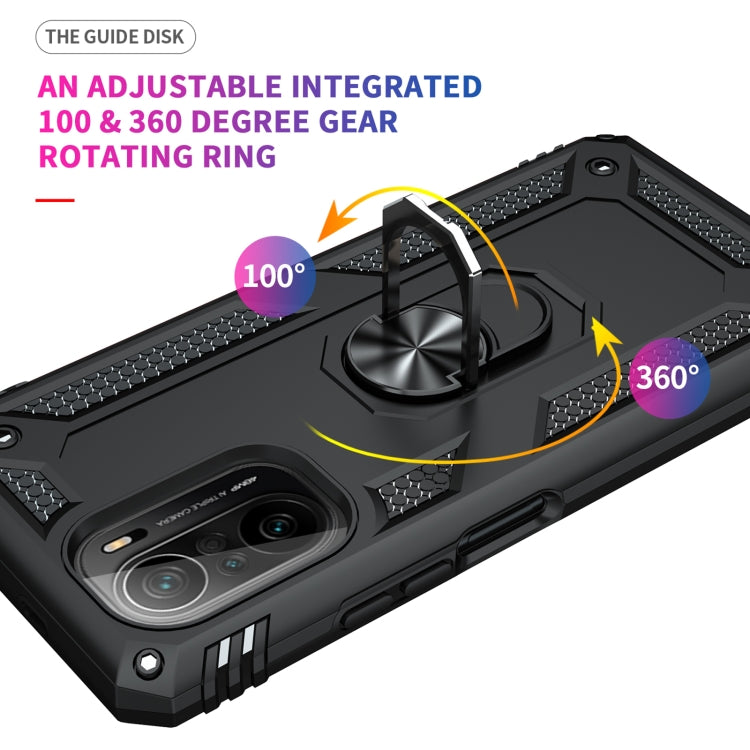 Black shockproof phone case with 360° rotating ring holder and raised camera lip