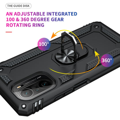 Black shockproof phone case with 360° rotating ring holder and raised camera lip