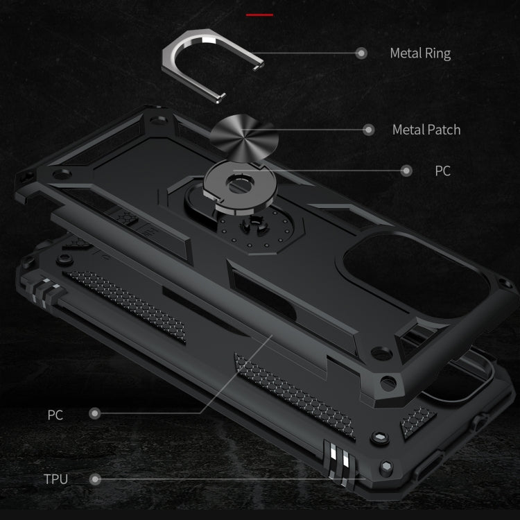 Black shockproof phone case parts layout with metal ring and TPU/PC layers