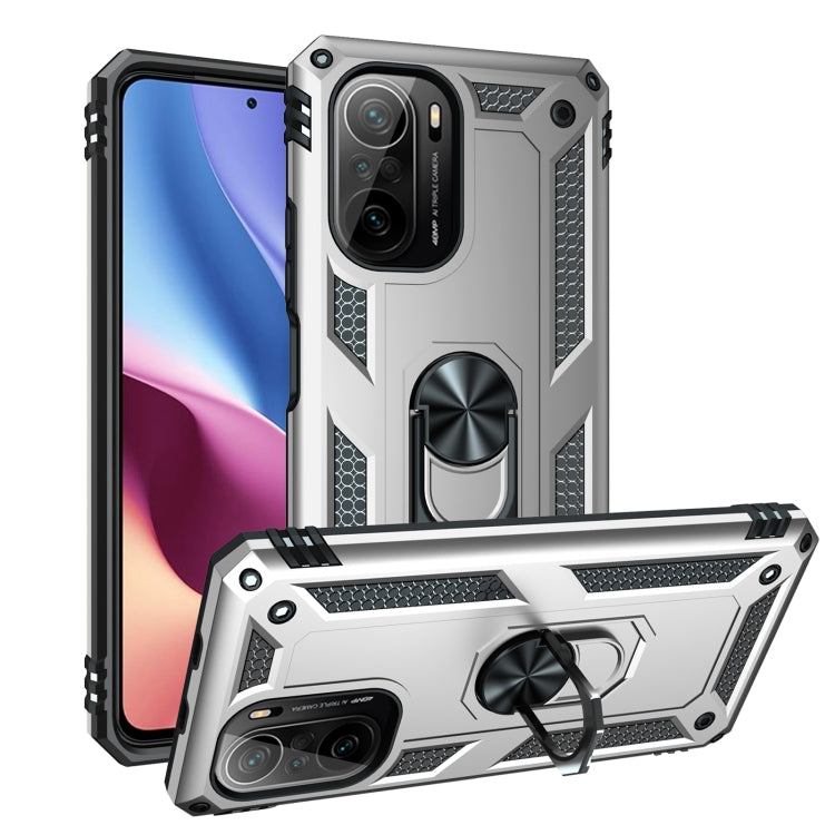 Shockproof phone case with 360° rotating ring holder and textured grips, silver