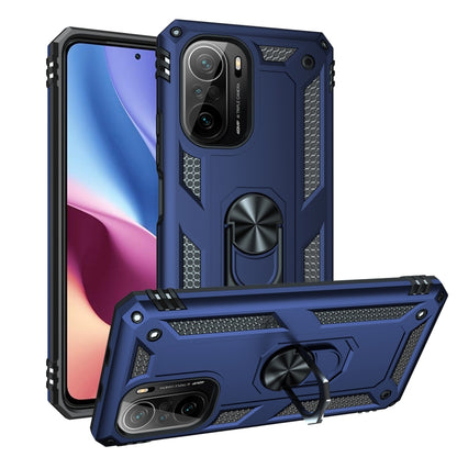 Blue shockproof phone case with textured grip and 360° rotating ring stand