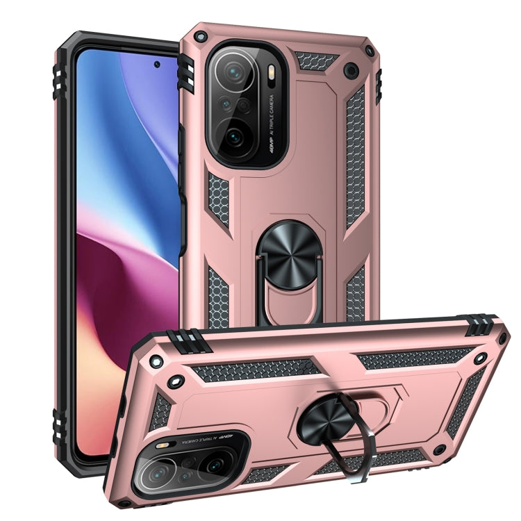 Shockproof phone case with 360° rotating ring holder and textured grips, rose gold