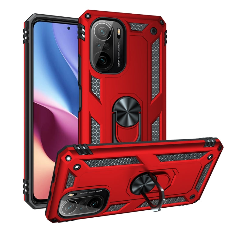 Red shockproof phone case with textured grip and 360° rotating ring stand