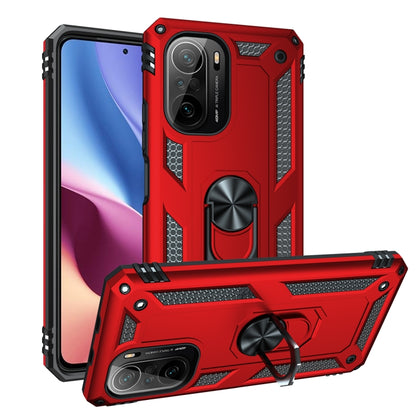 Red shockproof phone case with textured grip and 360° rotating ring stand
