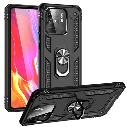 Shockproof phone case with 360° rotating ring holder and textured grips, black