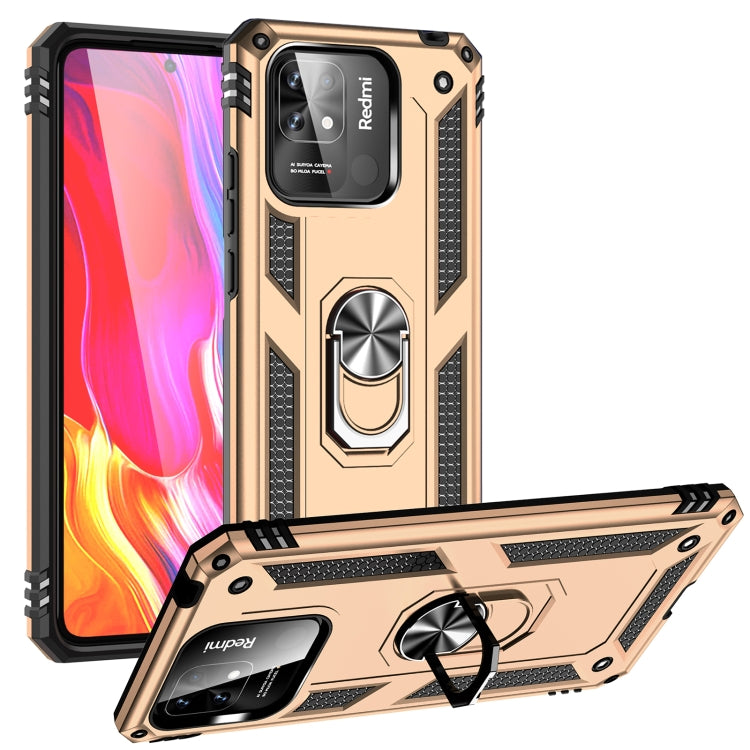 Shockproof phone case with 360° rotating ring holder and textured grips, gold