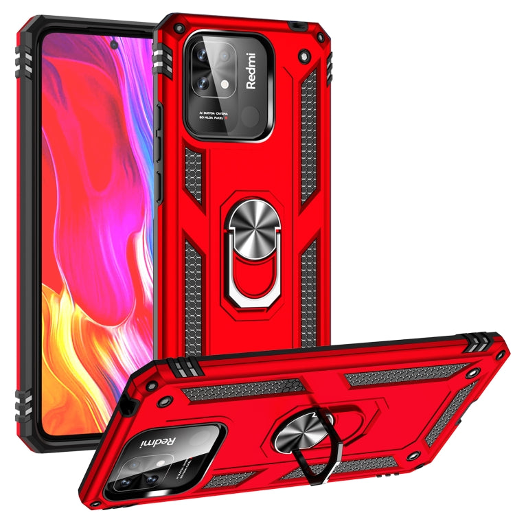 Shockproof phone case with 360° rotating ring holder and textured grips, red