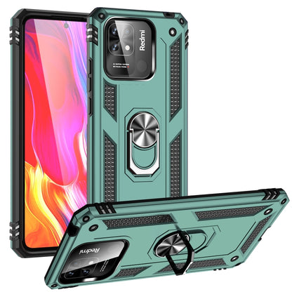 Shockproof phone case with 360° rotating ring holder and textured grips, green