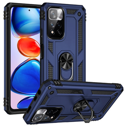 Blue rugged phone case with shockproof corners and 360° rotating kickstand holder