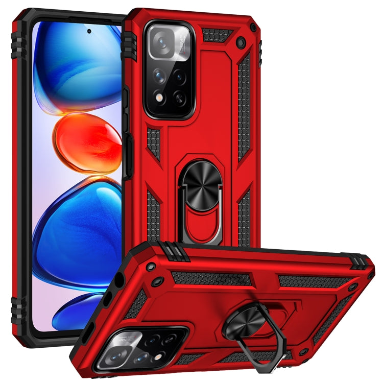 Red rugged phone case with shockproof corners and 360° rotating kickstand holder