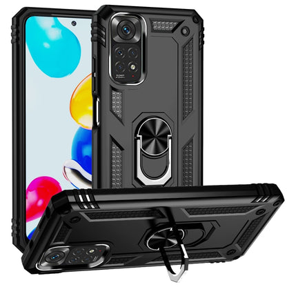 Black rugged phone case with shockproof corners and 360° rotating kickstand holder