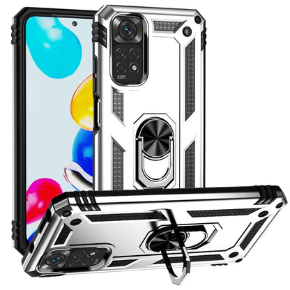 White silver rugged phone case with shockproof corners and 360° rotating kickstand holder