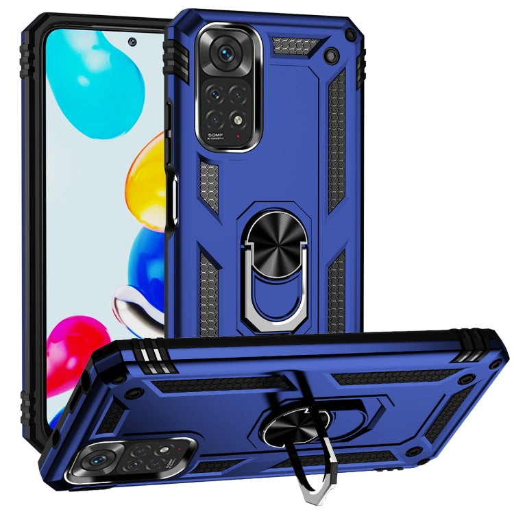 Blue rugged phone case with shockproof corners and 360° rotating kickstand holder