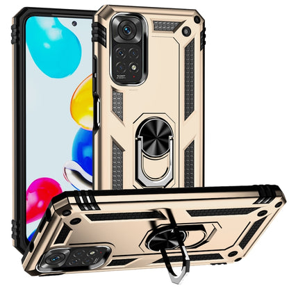 Beige rugged phone case with shockproof corners and 360° rotating kickstand holder