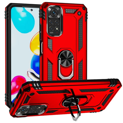 Red rugged phone case with shockproof corners and 360° rotating kickstand holder