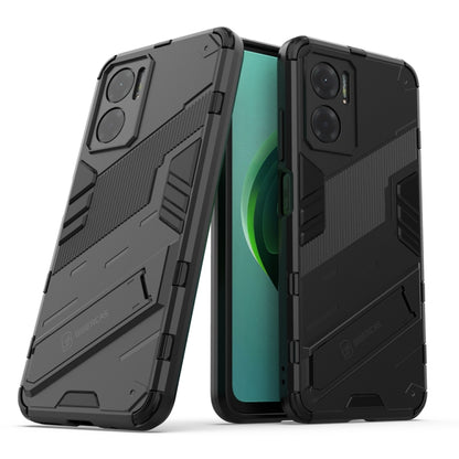 Gray rugged shockproof phone case with raised armor edges and built-in holder