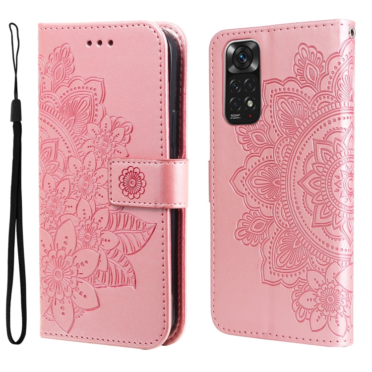 Rose gold leather flip phone case with 7-petal embossed floral pattern and wrist strap