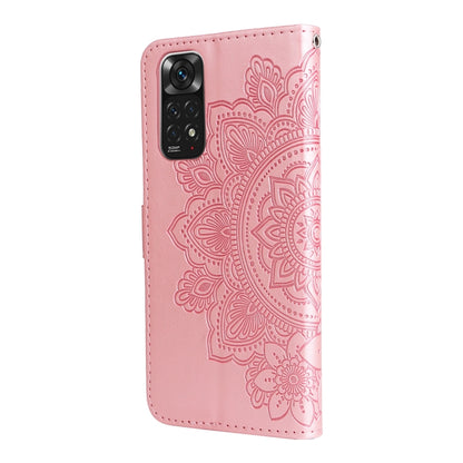 Rose gold leather wallet phone case with 7-petal embossed floral pattern and camera cutout