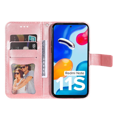 Rose gold leather flip phone case with embossed floral design, card slots, and viewing stand