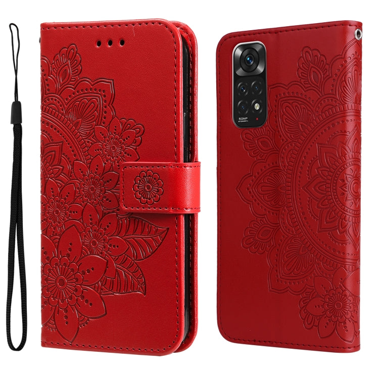 Red leather flip phone case with 7-petal embossed floral pattern and wrist strap