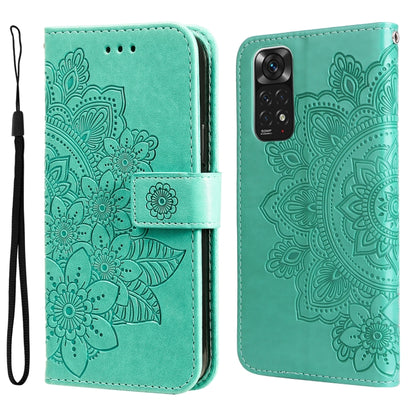 Light green leather flip phone case with embossed 7-petal floral pattern and wrist strap