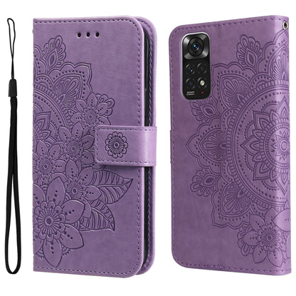 Lavender 7-petal embossed flower horizontal flip leather phone case with wrist strap