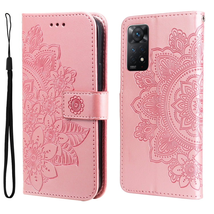Rose pink 7-petal embossed flower horizontal flip leather phone case with wrist strap