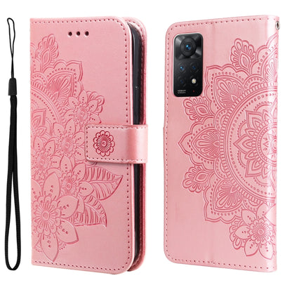 Rose pink 7-petal embossed flower horizontal flip leather phone case with wrist strap