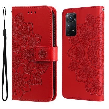 Red 7-petal embossed flower horizontal flip leather phone case with wrist strap
