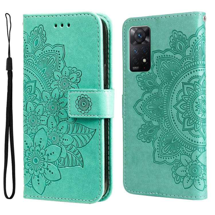 Mint green 7-petal embossed flower horizontal flip leather phone case with wrist strap