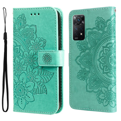 Mint green 7-petal embossed flower horizontal flip leather phone case with wrist strap
