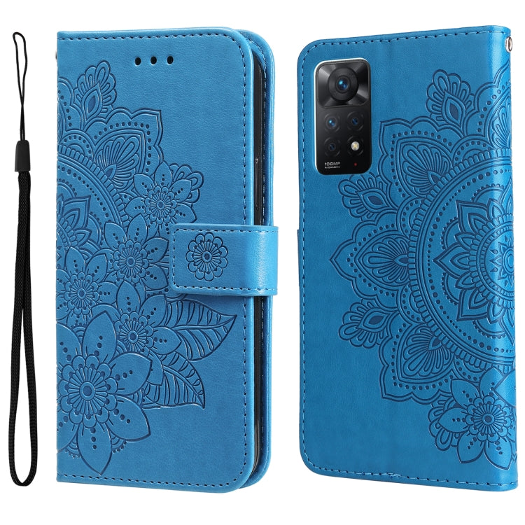 Light blue 7-petal embossed flower horizontal flip leather phone case with wrist strap