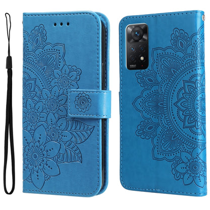 Light blue 7-petal embossed flower horizontal flip leather phone case with wrist strap