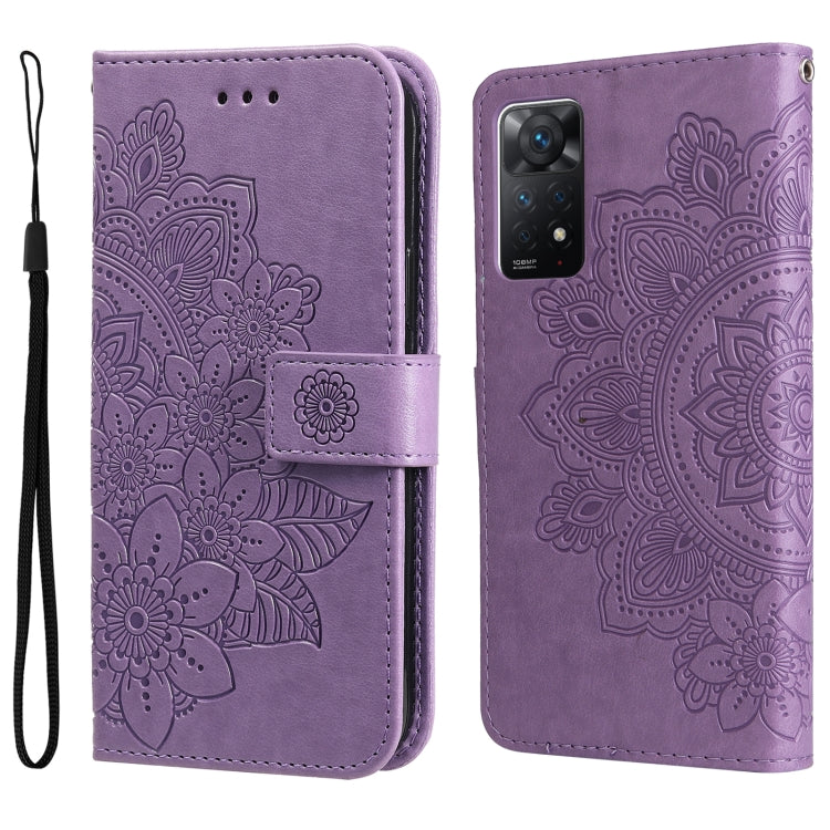 Lavender 7-petal embossed flower horizontal flip leather phone case with wrist strap