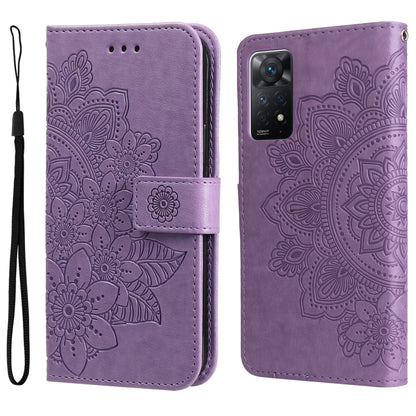 Lavender 7-petal embossed flower horizontal flip leather phone case with wrist strap