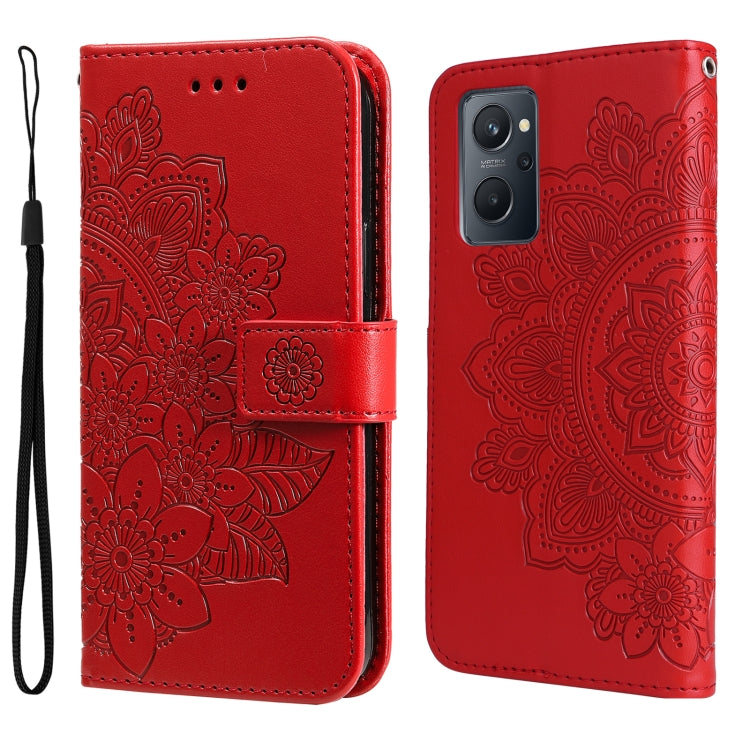 Red 7-petal embossed flower horizontal flip leather phone case with wrist strap