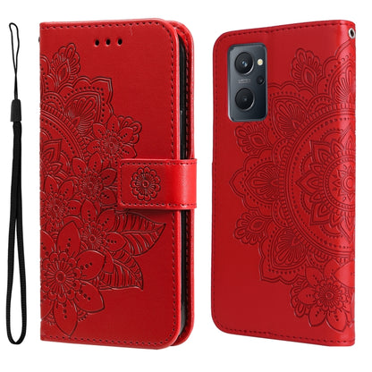 Red 7-petal embossed flower horizontal flip leather phone case with wrist strap