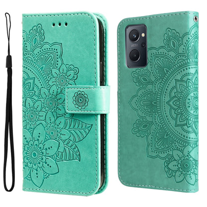 Mint green 7-petal embossed flower horizontal flip leather phone case with wrist strap