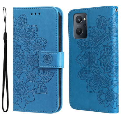 Light blue 7-petal embossed flower horizontal flip leather phone case with wrist strap