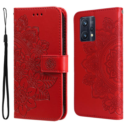 Red floral embossed flip leather phone case with wrist strap and camera cutout