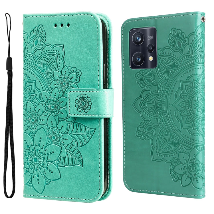 Mint green floral embossed flip leather phone case with wrist strap and camera cutout
