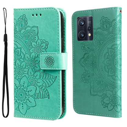 Mint green floral embossed flip leather phone case with wrist strap and camera cutout