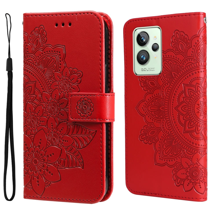 Red floral embossed flip leather phone case with wrist strap and camera cutout