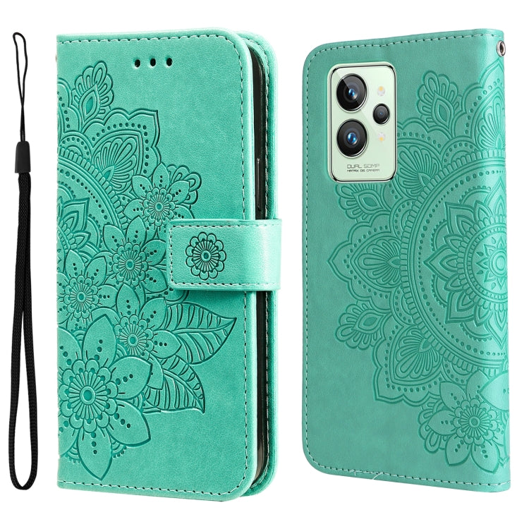 Mint green floral embossed flip leather phone case with wrist strap and camera cutout